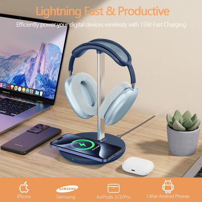 Headphone Stand with Wireless Charger, Gaming Headset Holder Hanger Rack 2 in 1 Wireless Charging Station Dock for iPhone 15/14/13/12/11 Series, Samsung, AirPods Pro/3/2, Aluminum Alloy Rod, Navy Blue