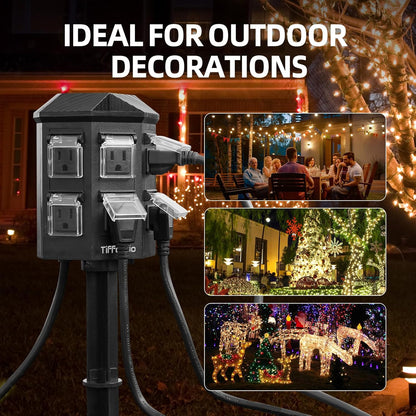 TiFFCOFiO Outdoor Power Strip Timer, Dusk to Dawn Light Sensor Countdown, 25 Feet Extension Cord Waterproof, 6 Grounded Outlets for Halloween and Christmas Decorations, ETL Listed (25 FT)