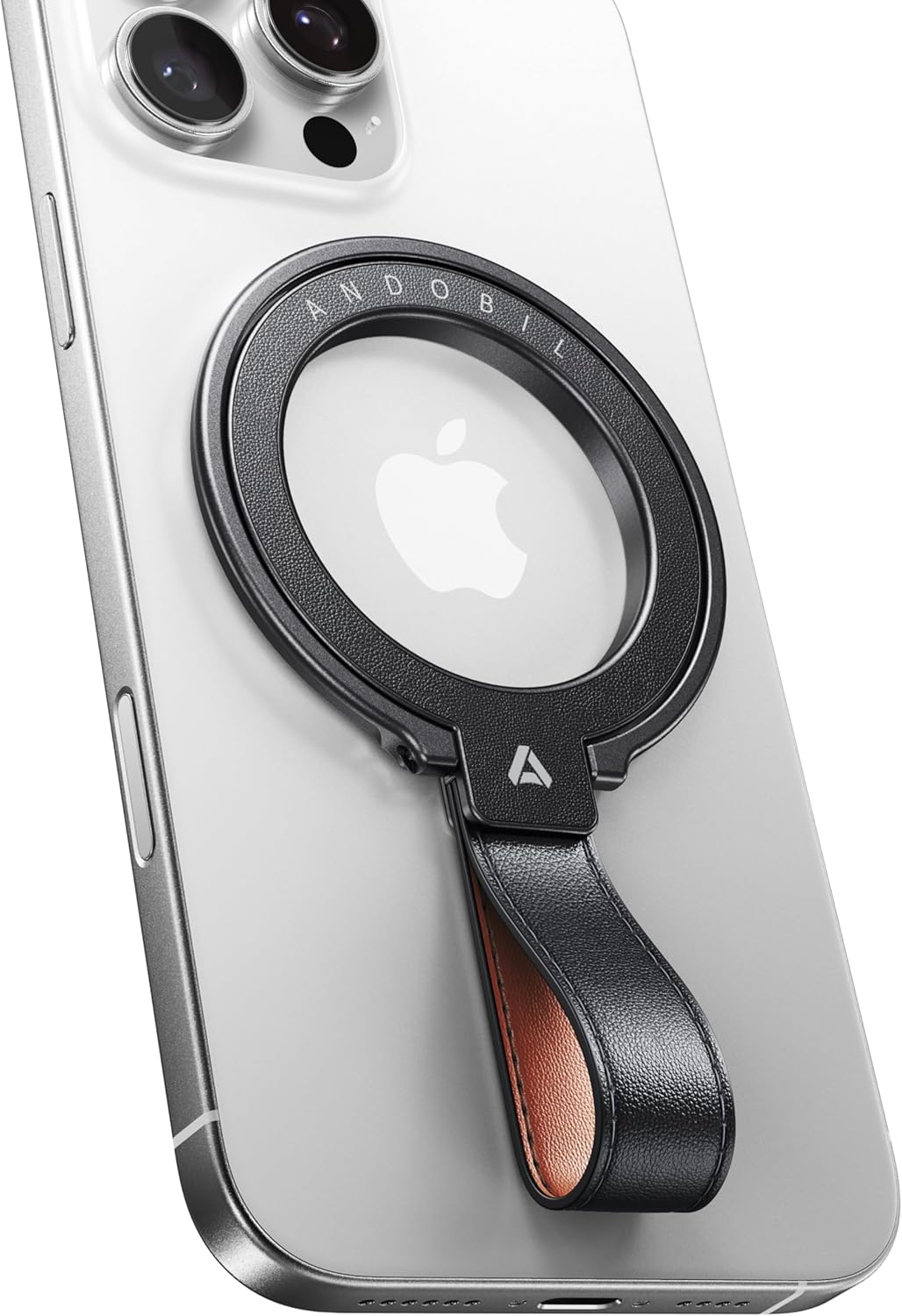 andobil[2025 Premium Leather] Magnetic Phone Grip for MagSafe[Unrivaled Stability] Adjustable Phone Ring Kickstand with Leather Loop Compatible with MagSafe Accessories&iPhone 16/15/14/13,Dark Black