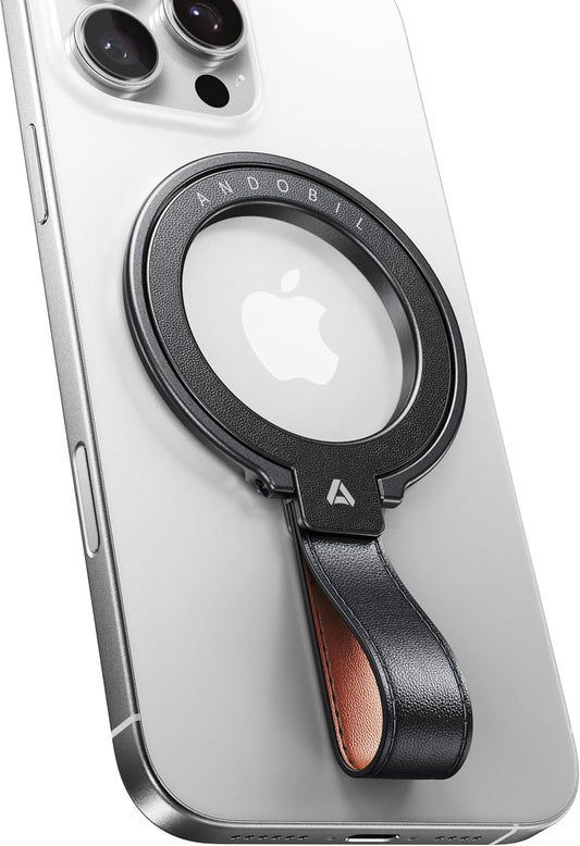 andobil[2025 Premium Leather] Magnetic Phone Grip for MagSafe[Unrivaled Stability] Adjustable Phone Ring Kickstand with Leather Loop Compatible with MagSafe Accessories&iPhone 16/15/14/13,Dark Black