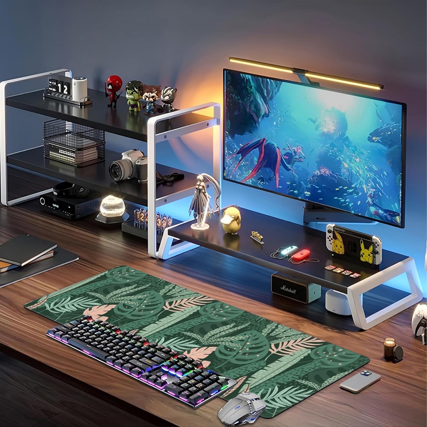 Tropical Plants and Leaves Desk Mat,Large Tropical Palm Leaves Gaming Keyboard Mouse Pad,Non-Slip Rubber Base Desk Pad Thick Stitched Edges Waterproof Mousepad Mouse Mat 31.5"x11.8"