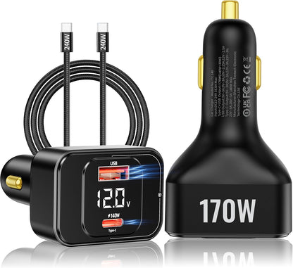 170W PD3.1 Car Charger with LED Voltage Display, USB-C Cigarette Lighter Adapter Fast Charging (140W+30W) for iPhone 16 Pro Max/Samsung S25 Ultra/MacBook/Drones/Laptops, 12V-24V Vehicle