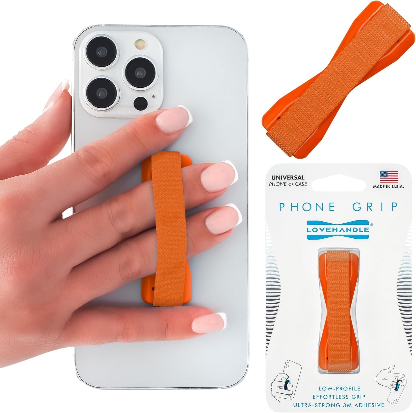 LOVEHANDLE Universal Phone Grip for Smartphones & Mini Tablets - Phone Holder for Hand - Wireless Charging Compatible - Made in The USA - Solid Orange