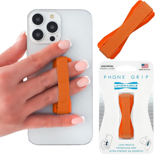 LOVEHANDLE Universal Phone Grip for Smartphones & Mini Tablets - Phone Holder for Hand - Wireless Charging Compatible - Made in The USA - Solid Orange