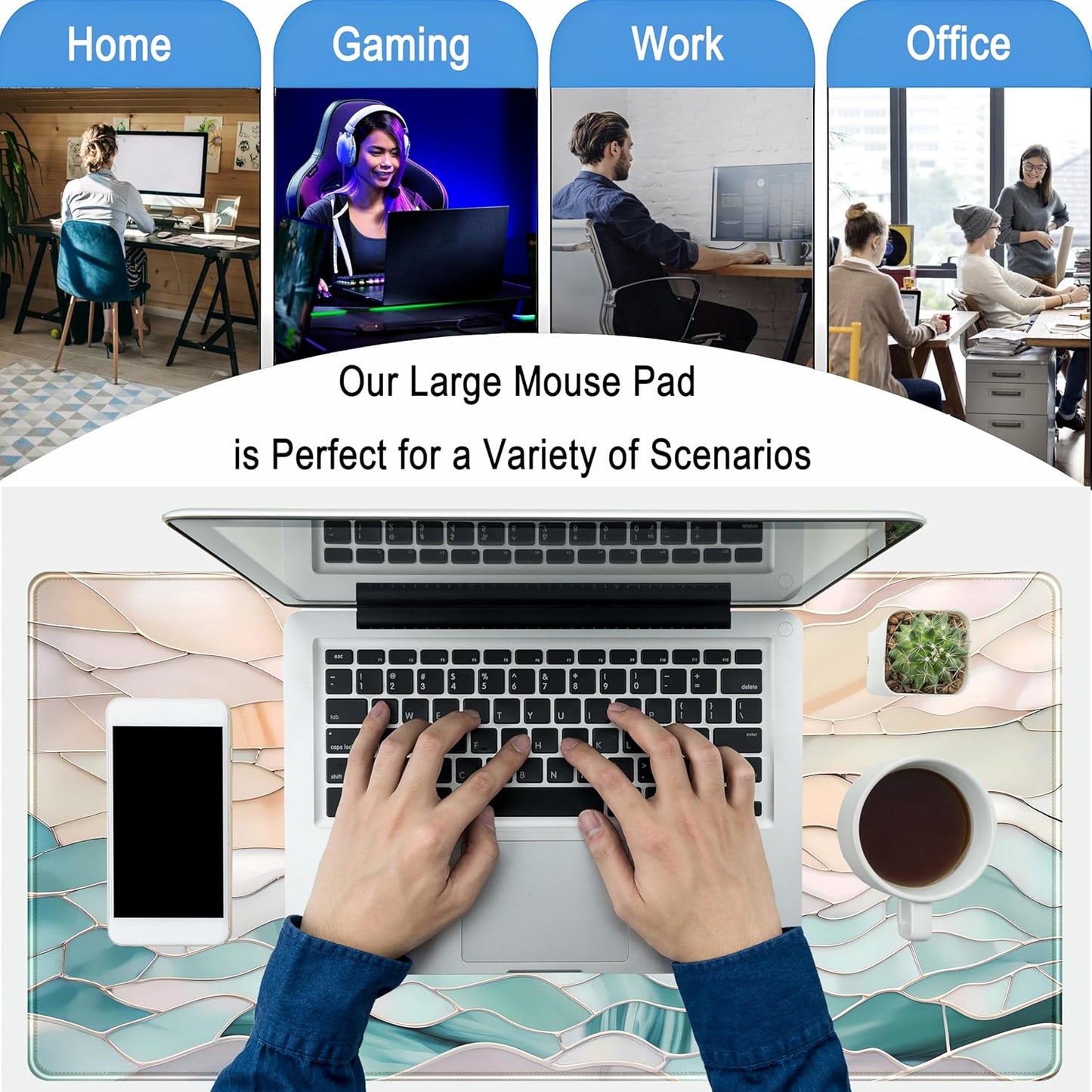 Desk Mat Gaming Desk Pad Large Mouse and Keyboard Pad, Abstract Serene Ocean Sunrise Mouse Mat XXL, Pastel Desk Protector Mat Computer Mats for Desktop Sun & Waves Office Decor 31.5" x 15.7"