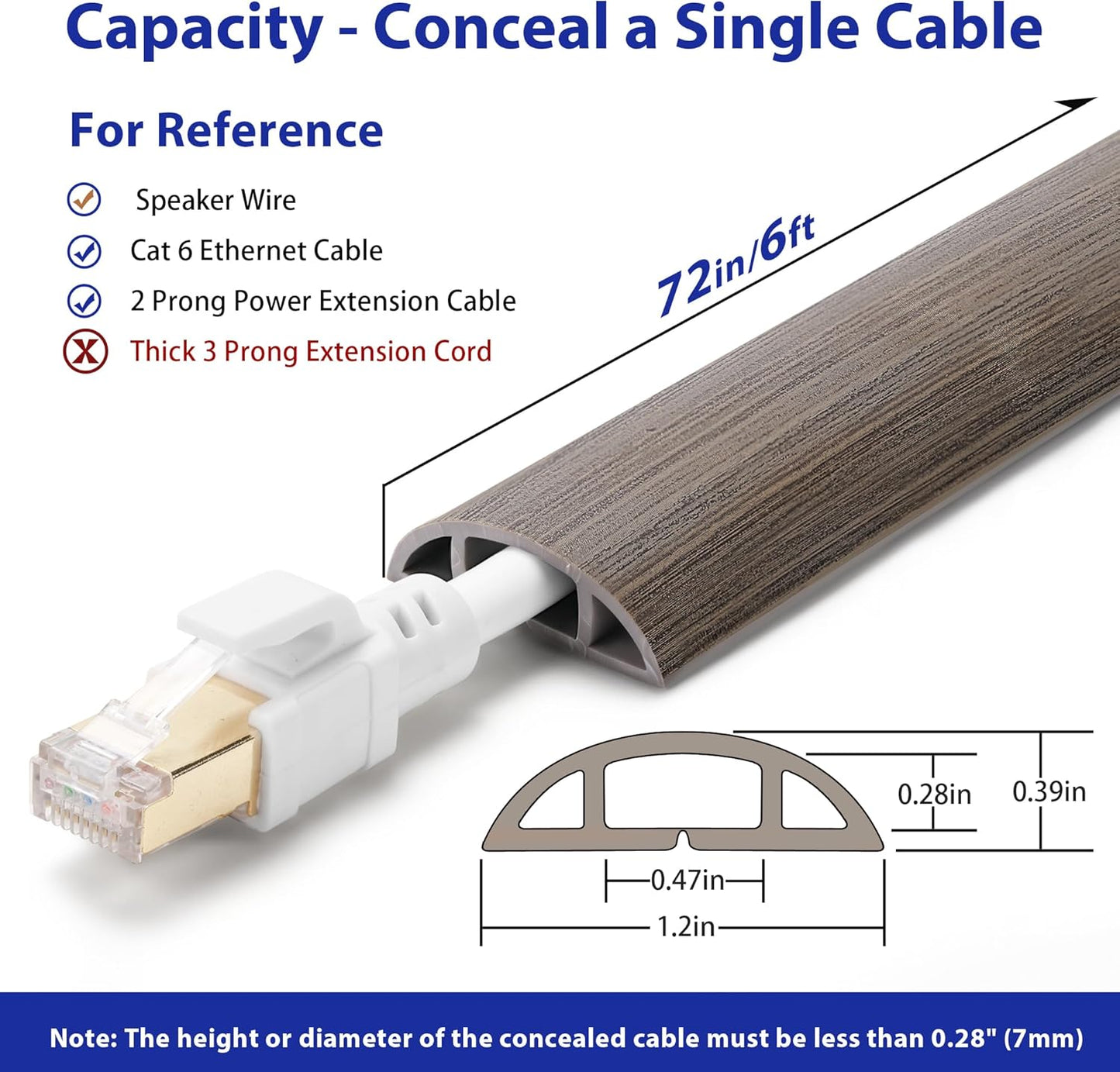 Floor Cord Cover 6ft, Cord Hider Floor Gray Wood, Cable Management Prevent Trips, Cable Cover Wire Covers for Electric Power Cords, Wire Protector Cavity W0.47in x H0.28in Grey