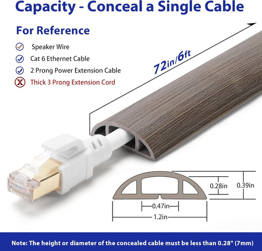 Floor Cord Cover 6ft, Cord Hider Floor Gray Wood, Cable Management Prevent Trips, Cable Cover Wire Covers for Electric Power Cords, Wire Protector Cavity W0.47in x H0.28in Grey