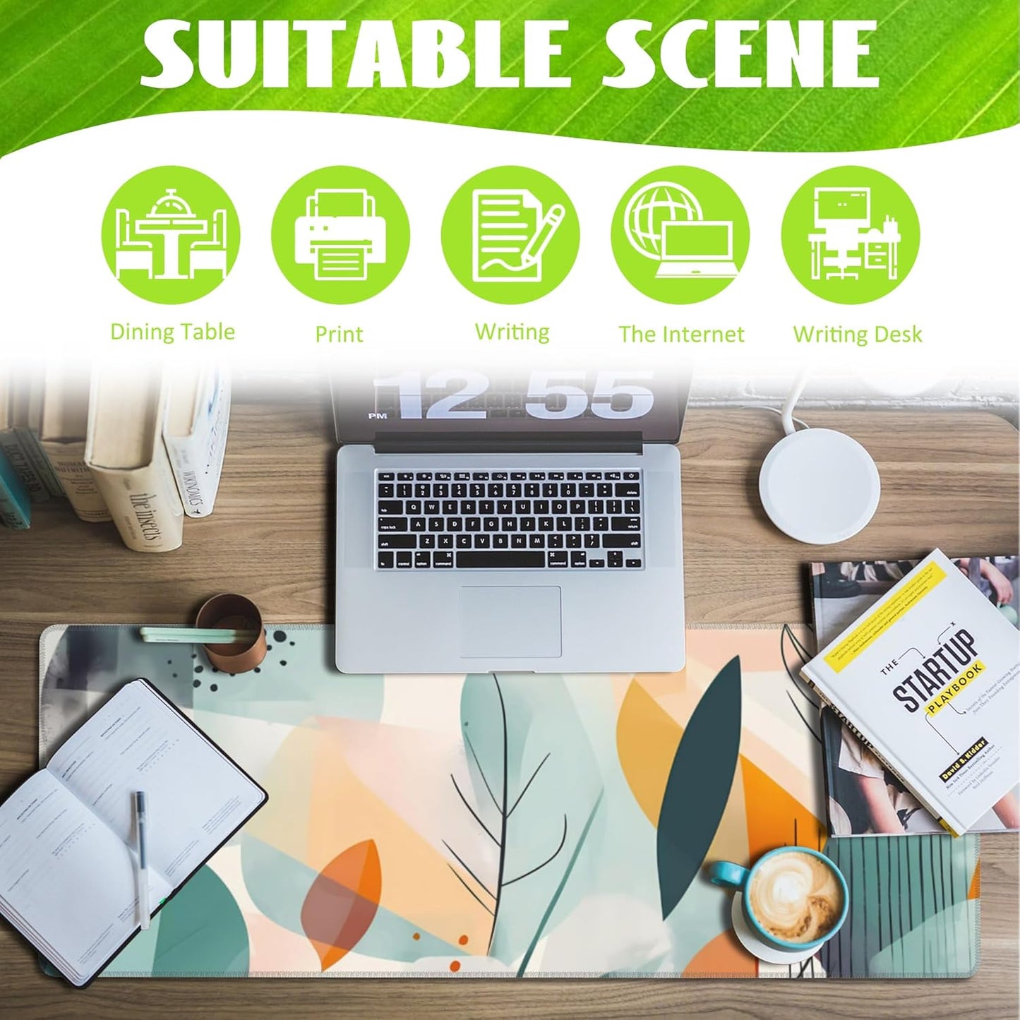 Desk Pad, Abstract Colorful Leaves Desk Mat, Large Gaming Mouse Pad with Non-Slip Base and Stitched Edge, 31.5"x11.8"