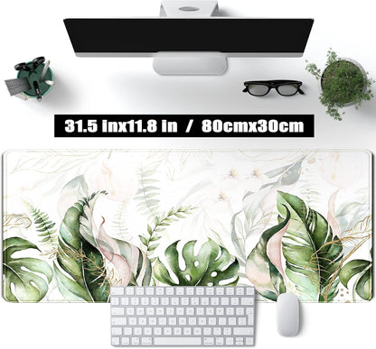 Green Tropical Leaves Desk Mat XL Large Gaming Mouse Pad Green Sage Plant Laptop Keyboard Mouse Mat Office Supplies Desk Decor Accessories for Women, Desk Mats Pads on top of Desks, 31.5x11.8 in