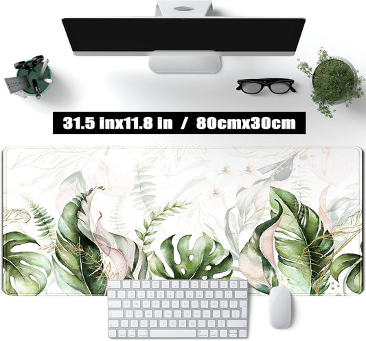 Green Tropical Leaves Desk Mat XL Large Gaming Mouse Pad Green Sage Plant Laptop Keyboard Mouse Mat Office Supplies Desk Decor Accessories for Women, Desk Mats Pads on top of Desks, 31.5x11.8 in