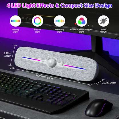 SOULION R90 Bluetooth Computer Speakers for Desktop, USB Powered 3.5mm AUX PC Speakers with LED Dynamic Light, Portable Soundbar Speaker with Rotary Volume Control for Laptop Monitor, White