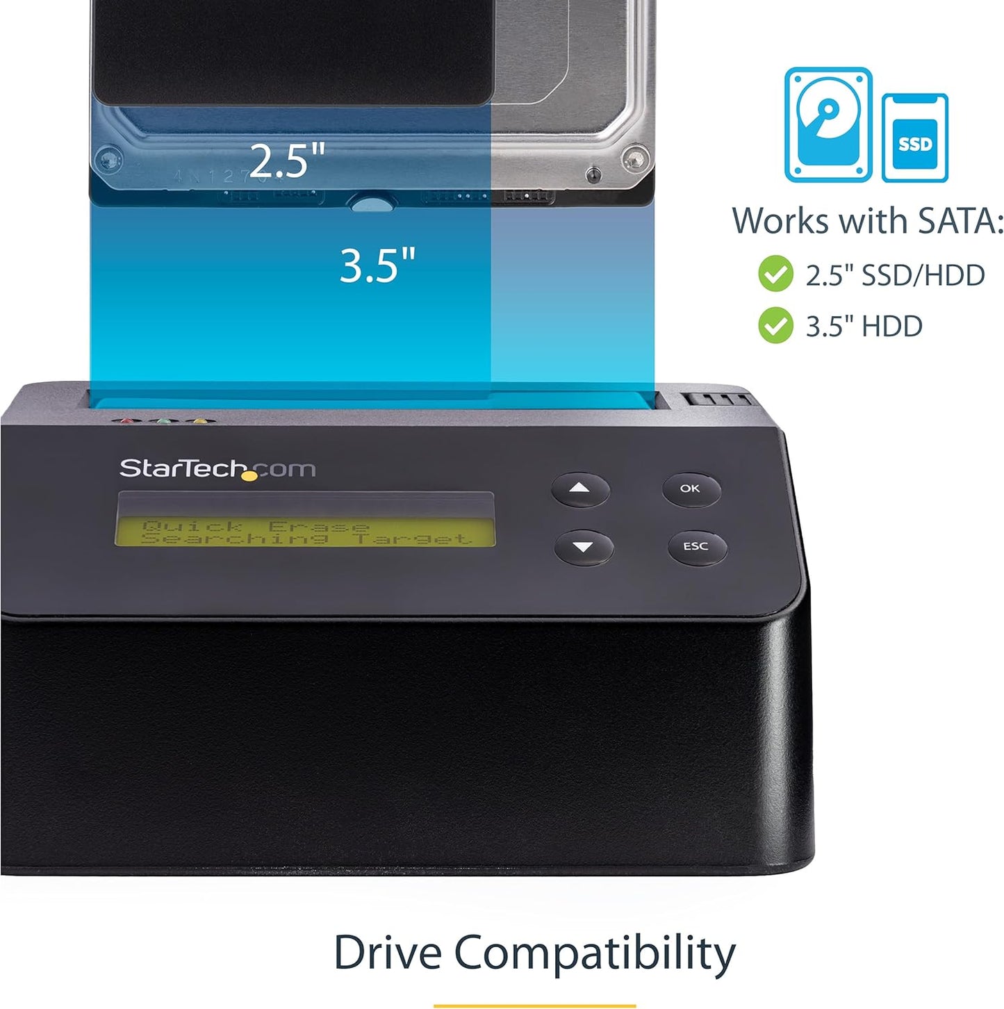 StarTech.com Single Bay SSD/HDD Hard Drive Eraser, 2.5/3.5" SATA, Hostless Standalone Secure Erase, Disk Sanitizer, Hardware Wiper Erasing Tool, 9 Modes, Printer Port, NIST/DOD, LCD, TAA (SDOCK1EU3P)