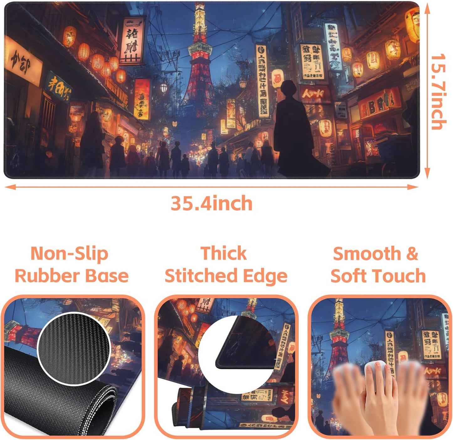 Mouse Pad Large Bustling Street in Tokyo Non-Slip Gaming Desk Mat with Stitched Edge Laptop Keyboard Desk Pad for Work Home Gaming (35.4 x 15.7 Inches)