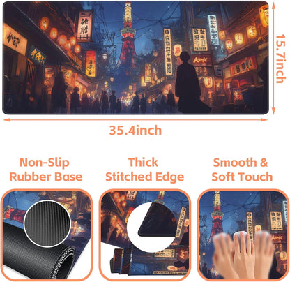 Mouse Pad Large Bustling Street in Tokyo Non-Slip Gaming Desk Mat with Stitched Edge Laptop Keyboard Desk Pad for Work Home Gaming (35.4 x 15.7 Inches)