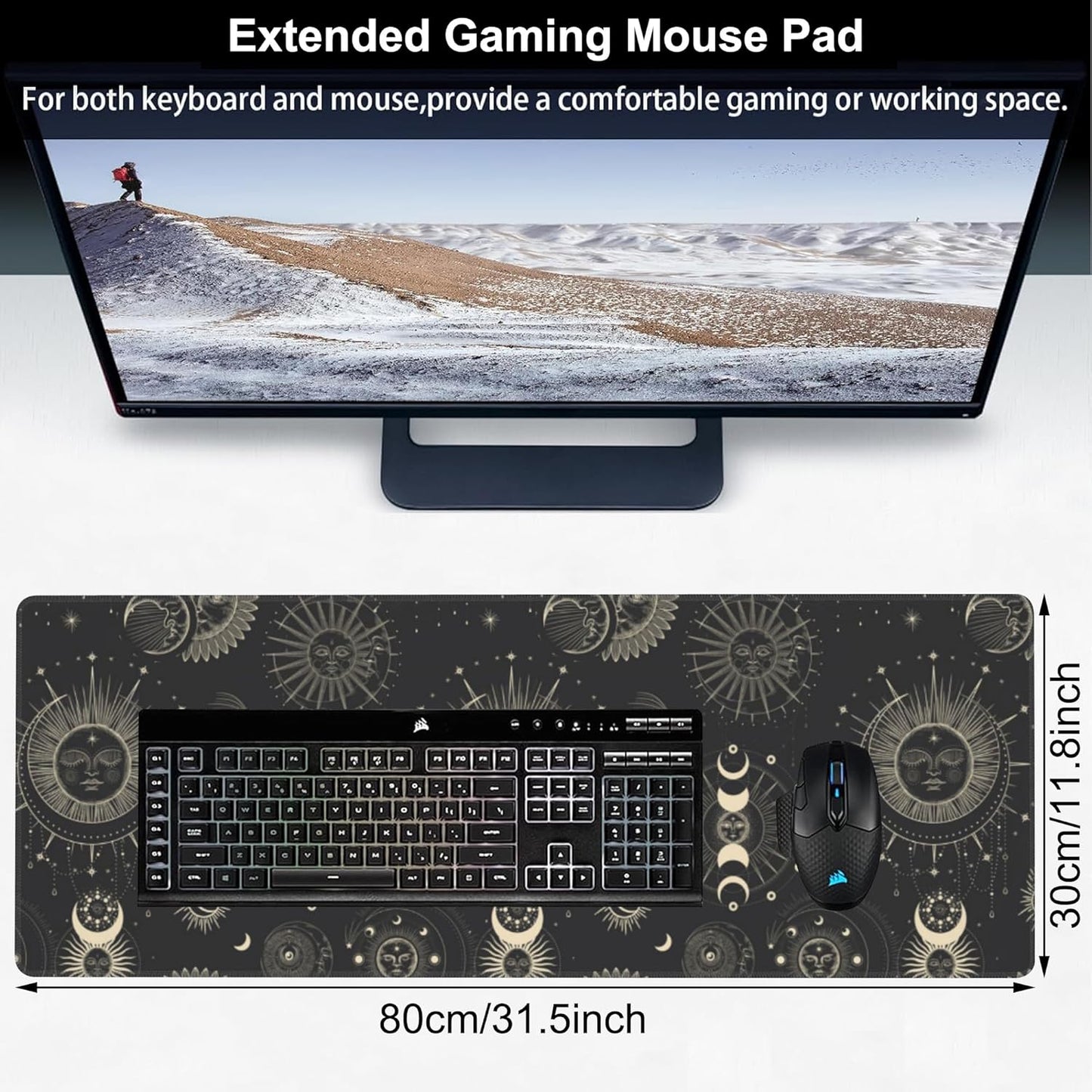 Phase of The Moon Desk Mat,Large Moon Phase Changes Gaming Keyboard Mouse Pad,Non-Slip Rubber Base Desk Pad Thick Stitched Edges Waterproof Mousepad Mouse Mat 31.5"x11.8"
