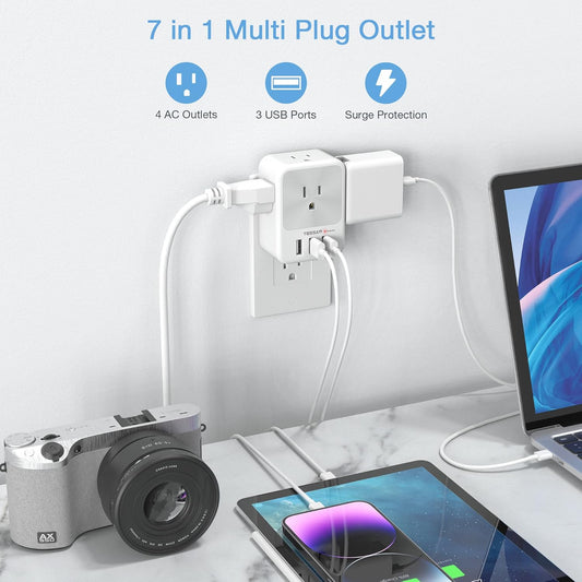 Multi Plug Outlet Splitter with USB, TESSAN 4 Electrical Outlet Extender Surge Protector with 3 USB Wall Charger Blocks, Multiple Plug Expander Box for Home Office Dorm Room Essentials