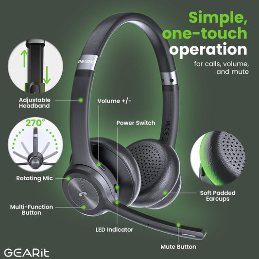 GEARit Wireless Headset with Mic - Stereo 5.4 Bluetooth Headphones with Advanced AI Noise Cancelling Microphone for Work, Home, Computers & Phone Calls - Dual Connect, PC Headset with Mute Button