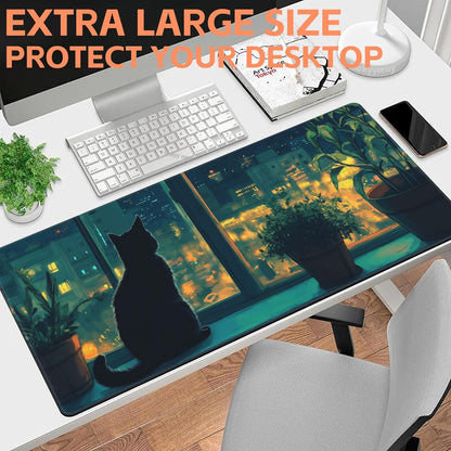 Mouse Pad Large Cat Sitting on The Windowsill Non-Slip Game Desk Mat with Stitched Edge Laptop Keyboard Desk Pad for Work Home Gaming (35.4 x 15.7 Inches)