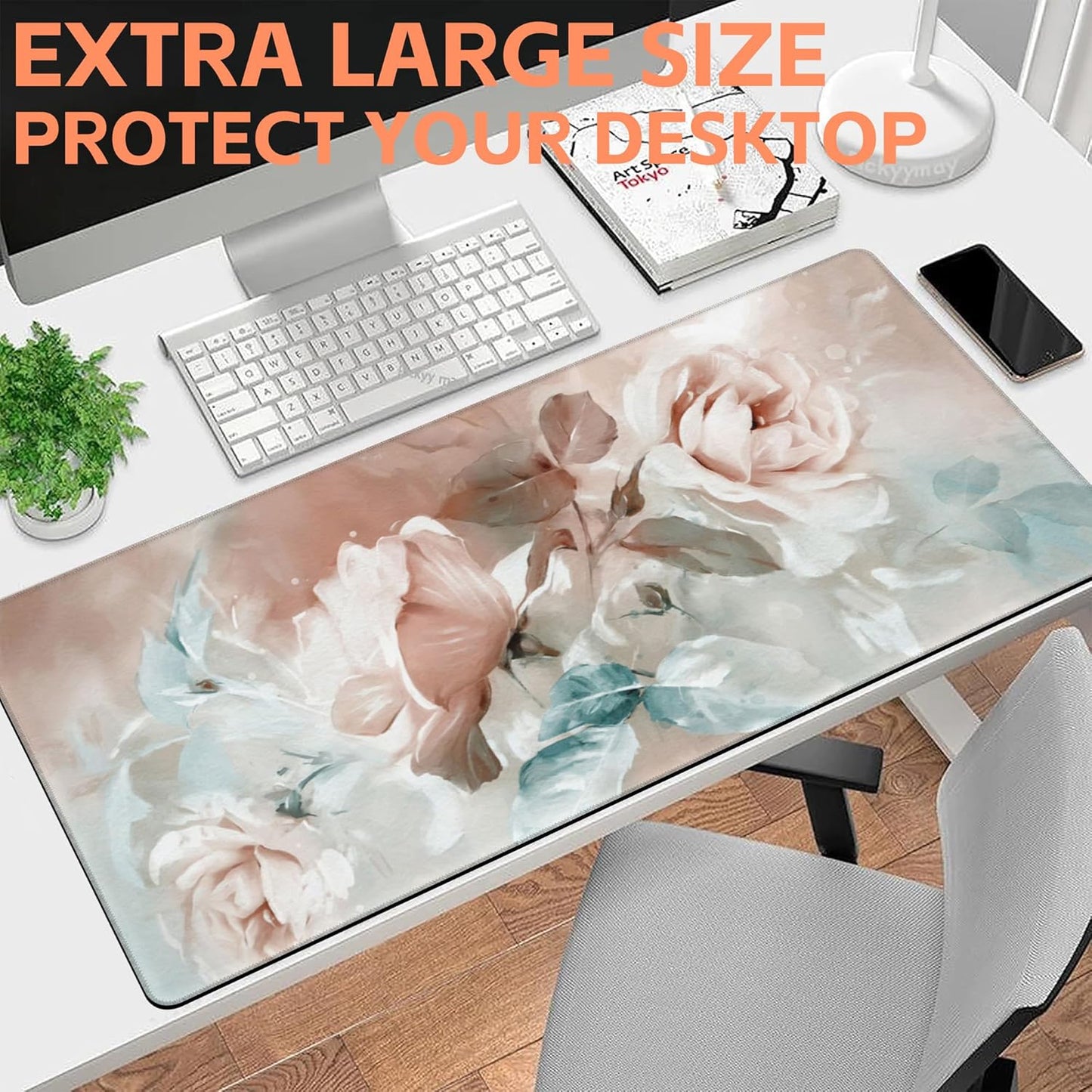 Mouse Pad Large Rose and Leaves Non-Slip Game Desk Mat with Stitched Edge Laptop Keyboard Desk Pad for Work Home Gaming (35.4 x 15.7 Inches)