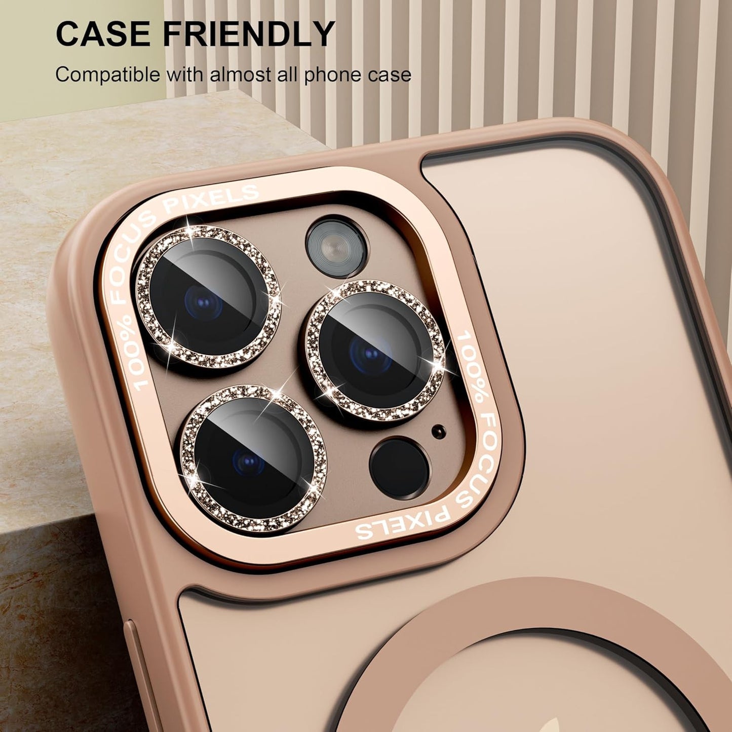 beuxece Compatible for iPhone 16 Pro/iPhone 16 Pro Max Camera Lens Protector, Bling Metal Tempered Glass Camera Screen Cover [Strong Adsorption][Case-Friendly]- Glitter Deep Titanium Desert