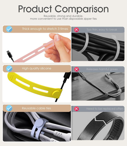 40Pcs Nearockle Reusable Cable Ties, Adjustable Silicone Cord Organizer Small Zip Ties for Charging Cords Earphone Computer Wire, Office Desk Cable Management Travel Accessories(4 Colors)