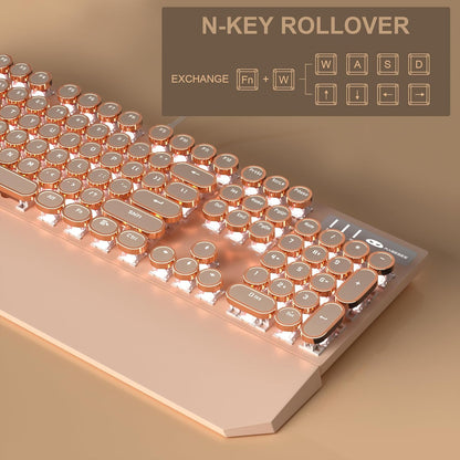 MageGee Typewriter Mechanical Gaming Keyboard, Retro Punk Creamy Round Keycaps, 104 Keys LED White Backlit Wired Keyboards for Laptop MAC PC Gamer, with Magnetic Wrist Rest, Blue Switch