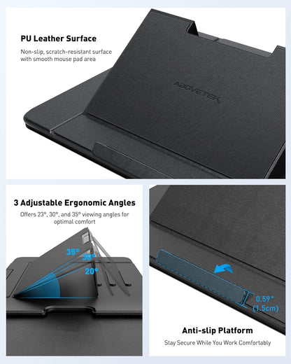 AboveTEK Adjustable Laptop Lap Desk, 3 Ergonomic Angles, PU Leather Non-Slip Surface, Heat Shield, Retractable Mouse Pad, Portable Laptop Lap pad Workstation for Bed, Sofa, Travel