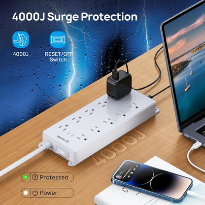 TROND Surge Protector Power Strip, 4000J, ETL Listed, 10 Widely Spaced Outlets, 2 USB C and 2 USB A Ports, Flat Plug 5ft Extension Cord, Wall Mountable, Under Desk Power Strip for Home Office, White