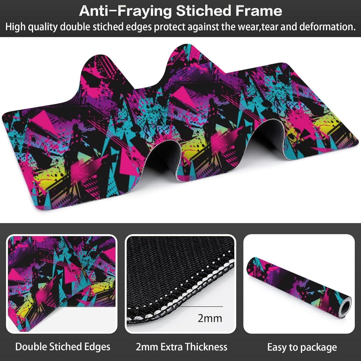 Abstract Grunge Elements Desk Mat,Large Neon Color Patterns Gaming Keyboard Mouse Pad,Non-Slip Rubber Base Desk Pad Thick Stitched Edges Waterproof Mousepad Mouse Mat 31.5"x11.8"