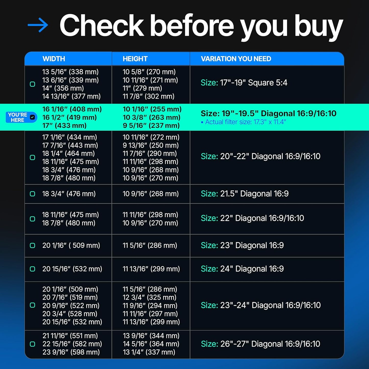 Universal Acrylic 19, 19.5 Inch Computer Privacy Screen Filter for Widescreen Computer Monitors - 17.3" x 11.4" (440 x 290mm) - Monitor Frame Hanging Type