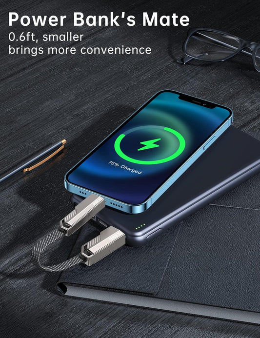 4-in-1 0.6FT Ultra Short USB C Cable Compatible with Lightning Cable [Fast Charging&Data Transfer] Flat Braided for iPhone iPad Charger Cord, Portable Multi Charger Cord Combo for Power Bank