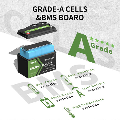 OKMO 12V 100Ah LiFePO4 Battery, Lithium Battery 100A BMS, 10 Years Lifetime 15000+ Deep Cycles,for Marine, RV, Trolling Motor, Boat, Camper, Solar Home Iron Phosphate, Low Temperature Protection