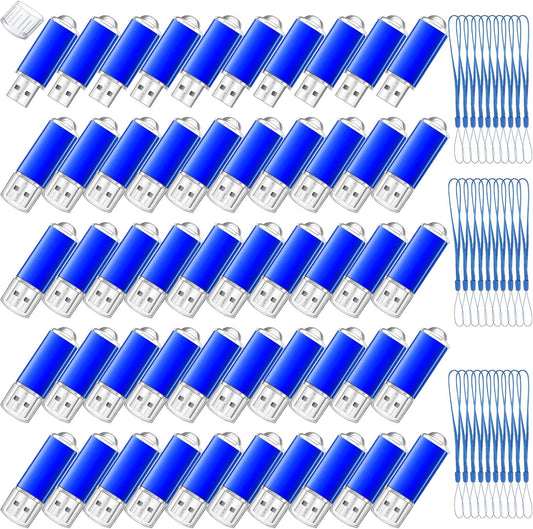 Hoteam 50 Pack USB 2.0 Flash Drives Bulk Blue Portable Thumb Drive with Hat USB Sticks Bulk with 50 Pcs Lanyards for Data Storage File Sharing Commercial Gift(256MB)