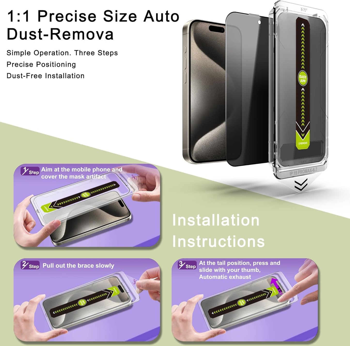 (2-Pack Anti-Spy Privacy Screen Protector for iPhone 15 Pro Max(6.7-Inch),9H Tempered Glass,Full Coverage,Anti-Fingerprint,Auto Dust Removal,Bubble-Free,Easy Installation