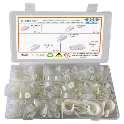 Bigtrans 305 Pcs Nylon Plastic R-Type Wire Clips 1/4" 5/16" 3/8" 1/2" 3/4" Clamps Fasteners Assortment for Cable Conduit -5 Size -White