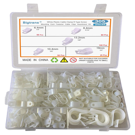 Bigtrans 305 Pcs Nylon Plastic R-Type Wire Clips 1/4" 5/16" 3/8" 1/2" 3/4" Clamps Fasteners Assortment for Cable Conduit -5 Size -White