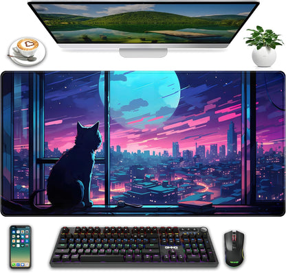 Cool Purple Kawaii Anime Moom Cat Desk Mat XXL Large Gaming Mouse Pad, Cute City Cats Desk Pad for Gamer Girl Women Office Desk Decor Mousepad, Computer Laptop Keyboard and Mouse Mat 31.5x15.75 in