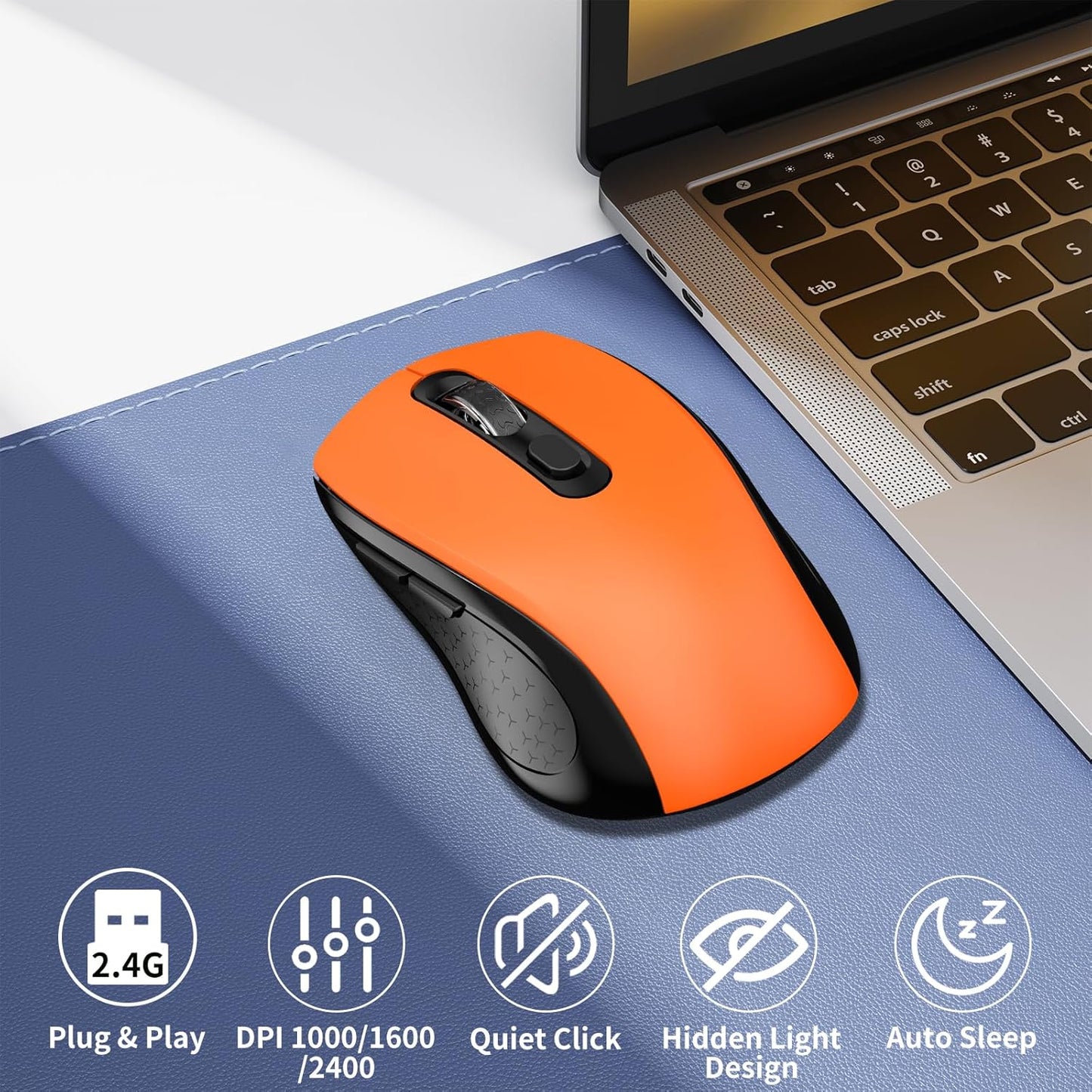 Wireless Mouse Ergonomic, Side Buttons Mouse, 2400 DPI, Silent and Anti Slip Roller Cordless Mice, 2.4Ghz with USB Receiver, 6 Buttons, Suitable for Laptop PC Chromebook and Windows 11/10/7 - Orange
