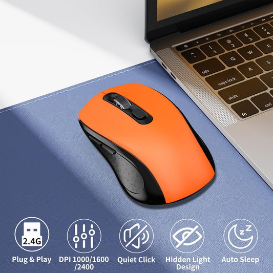 Wireless Mouse Ergonomic, Side Buttons Mouse, 2400 DPI, Silent and Anti Slip Roller Cordless Mice, 2.4Ghz with USB Receiver, 6 Buttons, Suitable for Laptop PC Chromebook and Windows 11/10/7 - Orange