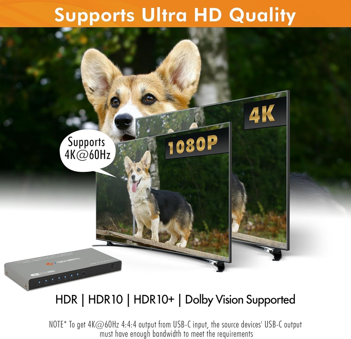 J-Tech Digital 4K 60Hz 4x1 HDMI & USB-C Switch | 3 HDMI + 1 USB-C Input, 1 HDMI Output | Compatible w/HDR & Dolby Vision | IR Remote, Auto Switch, CEC, Digital Audio [JTECH-4KSW3H1C]