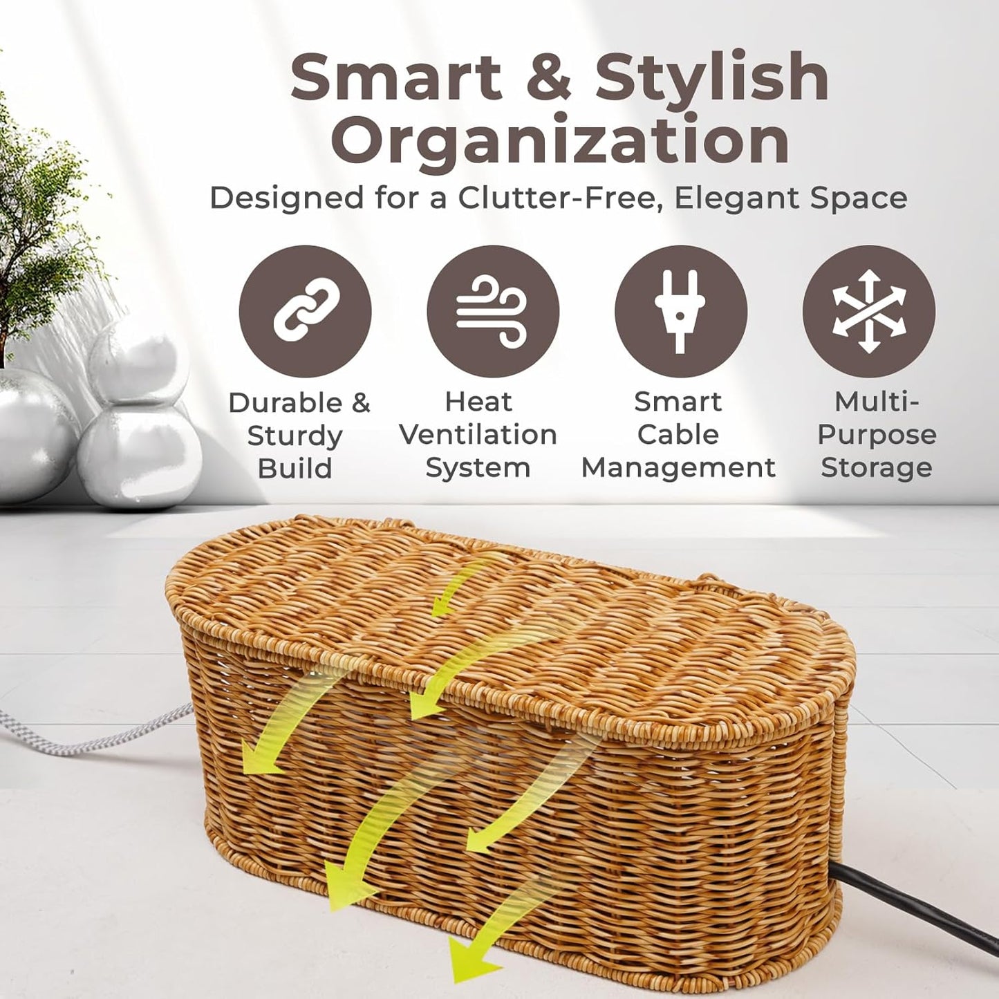 Cable Management Box, Handmade Rattan Cable Organizer, 2 Open Slots Cords Hider Box, Under Desk Cord Organizer for Computer Router USB Hub & Power Strip, Patent Pending, 15.9" x 6.5" x 6.5", Natural
