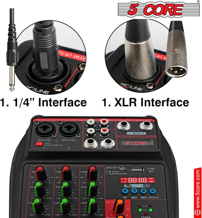 5 Core Audio Mixer 4 Channel DJ Mixing Board Small Bluetooth USB Analog Mezclador De Audio w Phantom Power Console for Live Recording Podcast Karaoke PARENT MX 4CH (Black)