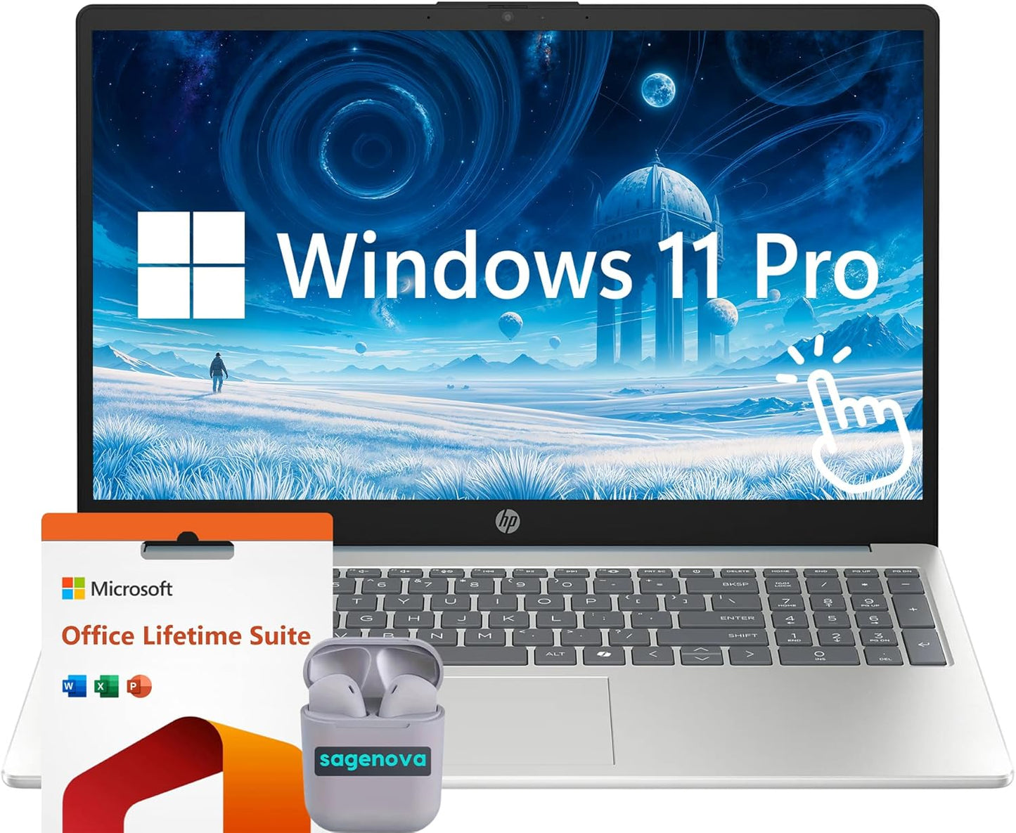 HP Touch Screen Laptop Computer, 15.6" FHD IPS LED Touchscreen Laptop 16GB RAM 512GB SSD, Intel Core i3-N305, Windows 11 Pro with Microsoft Office Lifetime Suite, SageNova Earphones, Moonlight Blue