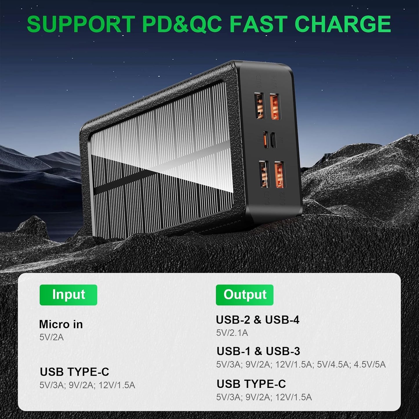 Solar Charger Power Bank 66800mAh Portable Charger with USB-C in/Output 22.5W QC3.0 Fast Charging 5 Out Ports Battery Pack Built-in 32 Led Flashlights for iPhone Samsung Tablet Camping