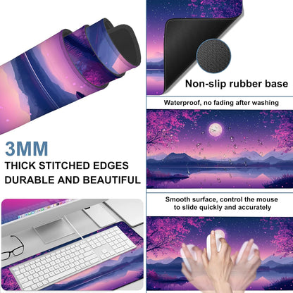 Gaming Desk Pad Large Extra Length Starry Sky Full Moon Mouse Pad Keyboard Laptop Non-Slip Waterproof with Rubber Base Thick Stitched Edge Mouse Mat for Office Home 35.4 x 15.7 Inches
