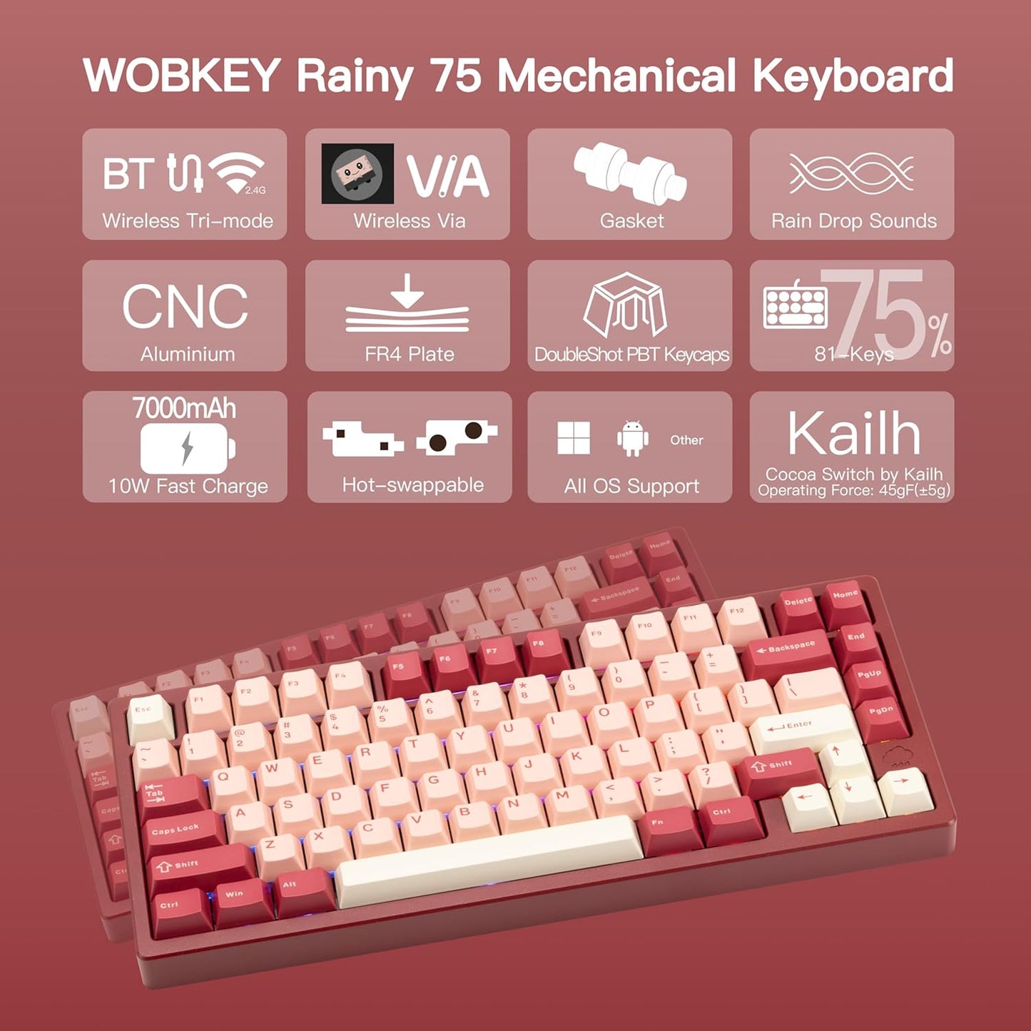 KEEBMONKEY WOBKEY Rainy 75 CNC Aluminum HMX/JWK/Cocoa Switches Triple-Mode Connectivity Mechanical Keyboard with Superior Acoustics, RGB/FR4/Silver SUS304/7000mAh/Cocoa Switch (Pro - Red Velvet)