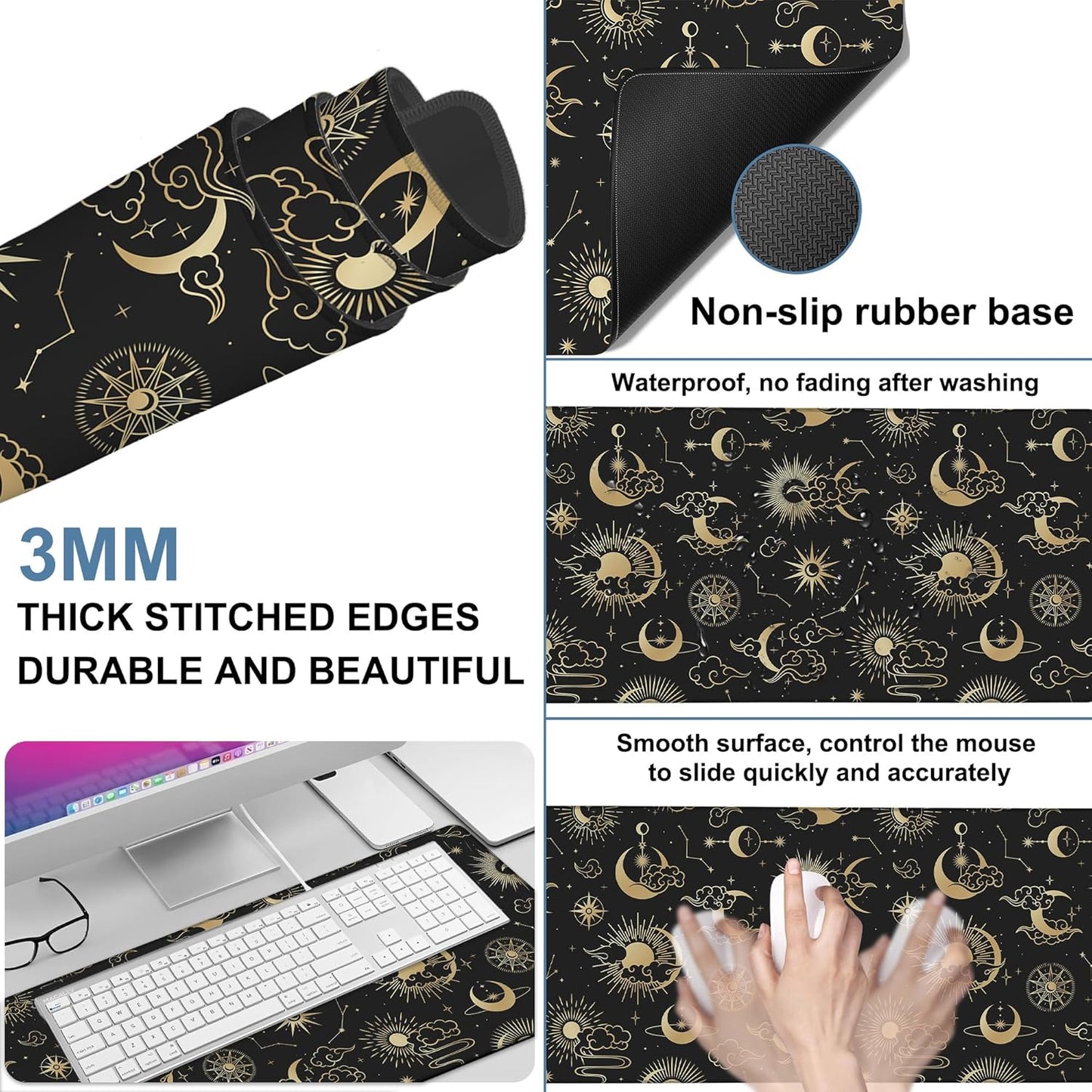 Gaming Desk Pad Large Extra Length Clouds, Moon and Sun Mouse Pad Keyboard Laptop Non-Slip Waterproof with Rubber Base Thick Stitched Edge Mouse Mat for Office Home 35.4 x 15.7 Inches