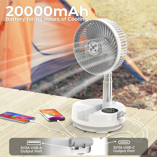 20000mAh Battery Operated Camping Fan - 112Hrs Rechargeable Oscillating Table Fan with Light & Timer, 8 Speeds Portable Travel Fan for Cruise RV Trip, Hurricane Power Outage (8" with Case)
