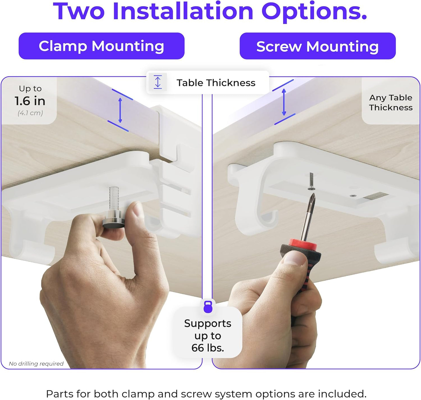Ascrono Original No Drill Under Desk Cable Management Tray 14.1" - Premium White Fabric Cable Management Under Desk - Clamp/Screw Mount Cord Organizer - Supports Upto 66lbs