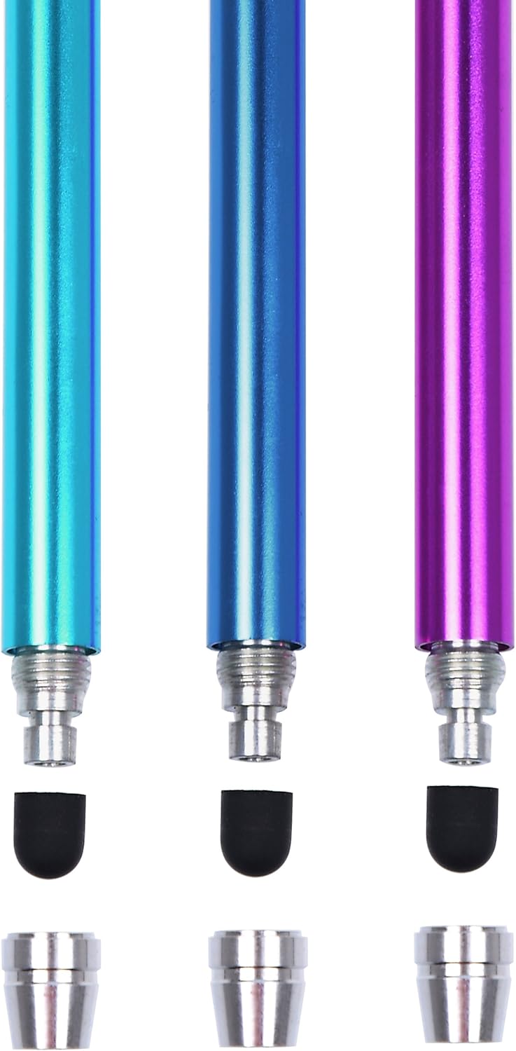 The Friendly Swede Stylus Pen for Touchscreen — 3-Pack 5.5" High Precision Stylus Pen with Replaceable Thin Tips, Elastic Lanyards & Screen Cleaning Cloth - Aqua Blue/Dark Blue/Purple